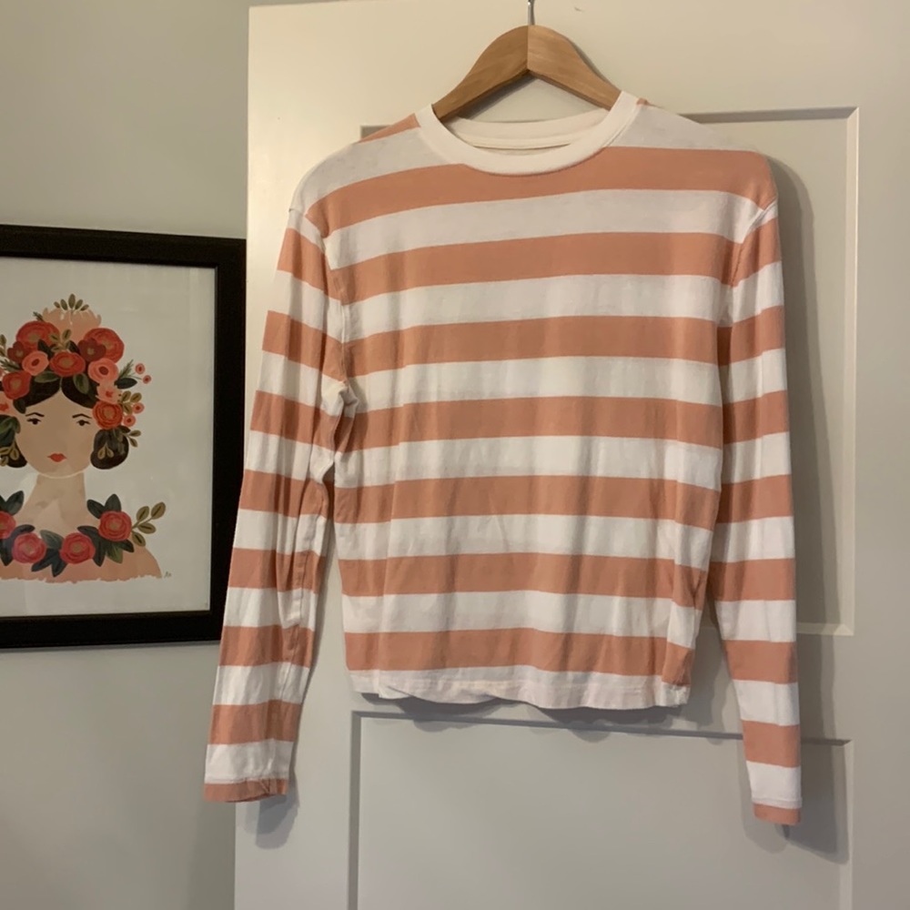 Pink and White striped long sleeve crew neck tee shirt
